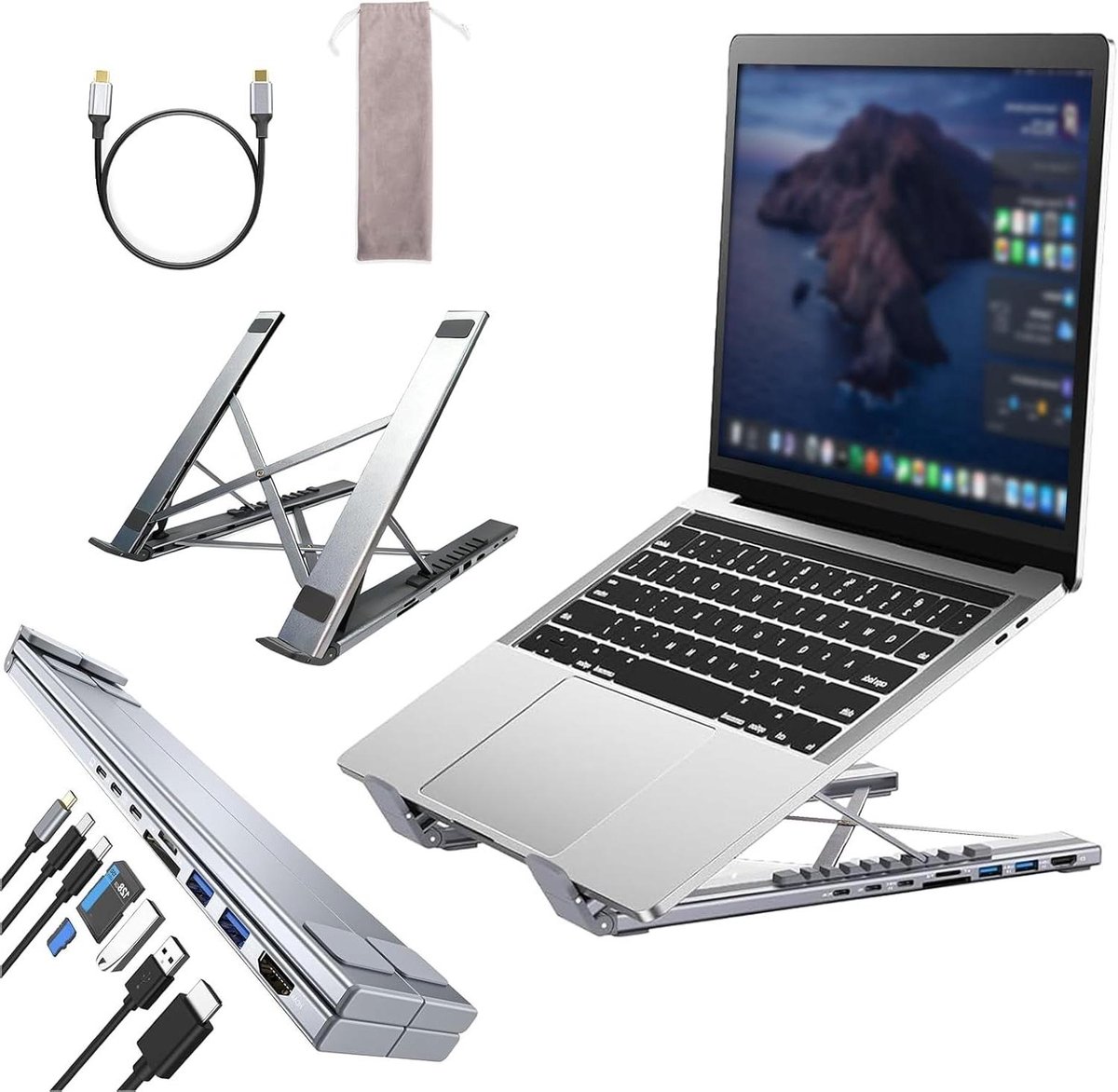 Laptopstandaard Dockingstation - Verstelbare Standaard Hub - Productief Werken - 8-in-1 Aansluitingen - 10-17 inch - Zwart