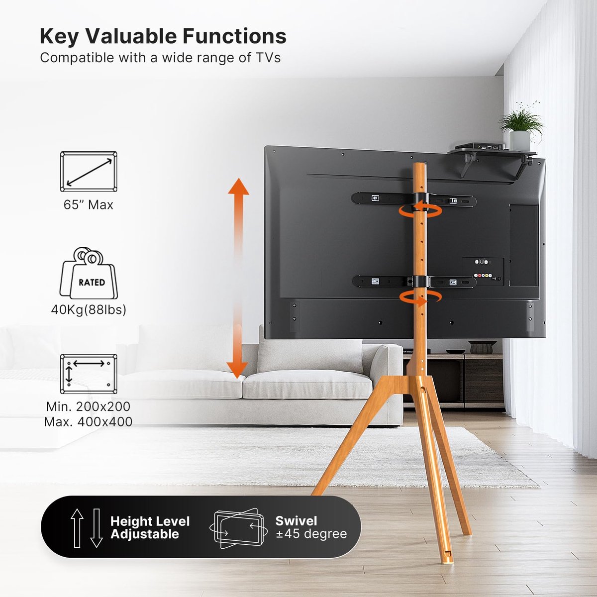 SnelShoppen - Hoogwaardige TV-standaard met Houten Ezel, Verstelbare TV-statief voor 45-65 Inch LED LCD-scherm, Draaibaar en Kabelbeheer, Beukenhout e