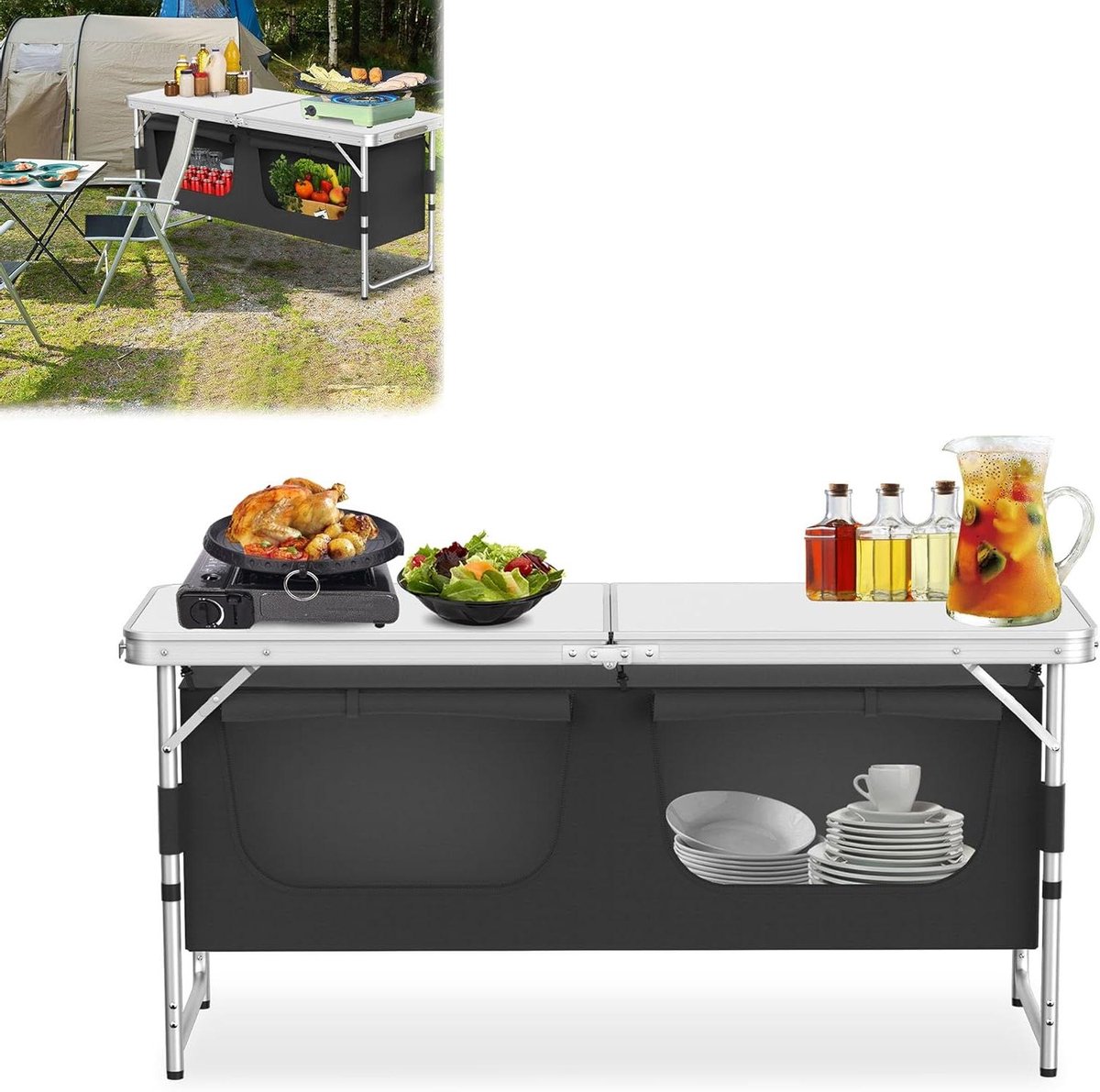 Camping Keuken - Outdoor Keuken - Koken en bereiden - Snelle montage - 120 x 47 x 68 cm - Zilver