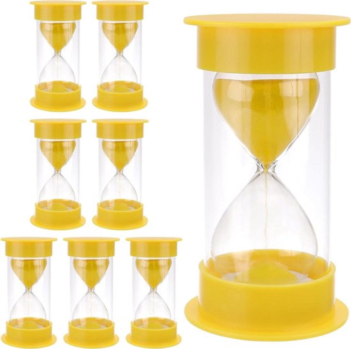Zand timer set van 8 stuks, 10 minuten, plastic zandloper voor koken en tandenpoetsen - Geel