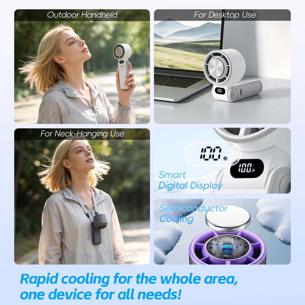Archi Turbo Handventilator met Koelfunctie – Ventilatie - 3600 mAh – 100 Snelheden – LED-Display – Opvouwbaar – Inclusief Draagkoord