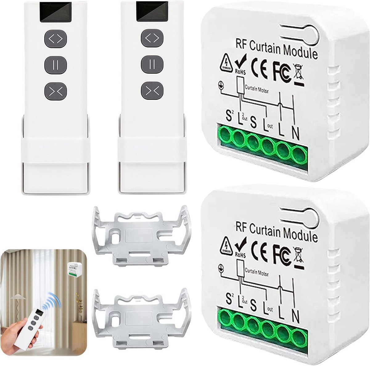 SnelShoppen - 2 stuks Draadloze Rolluikbesturing Retrofitset met RF Afstandsbediening, 230V Rolluikschakelaar voor Jaloezieën en Luifels, Tot 2200W, I