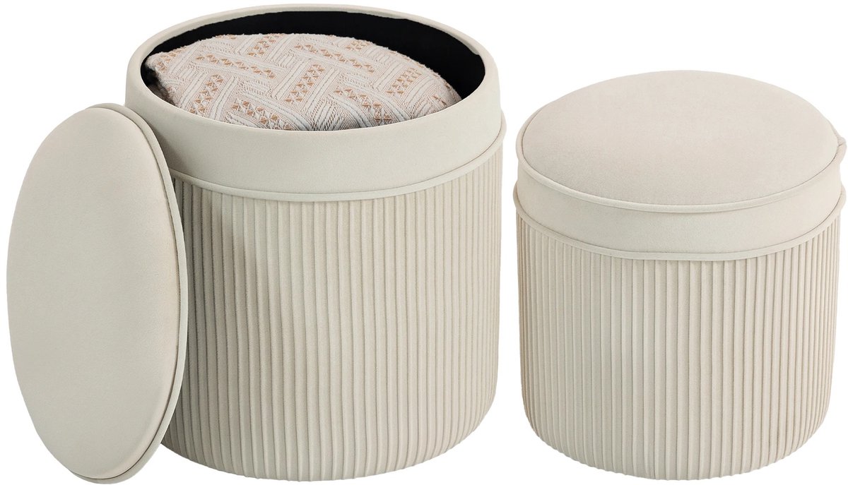 Stervia Opbergpoef Set van 2 - Poef - Opbergruimte - Fluweel - Rond - Crème - 36 x 36 x 41,5 cm & 32 x 32 x 33,5 cm
