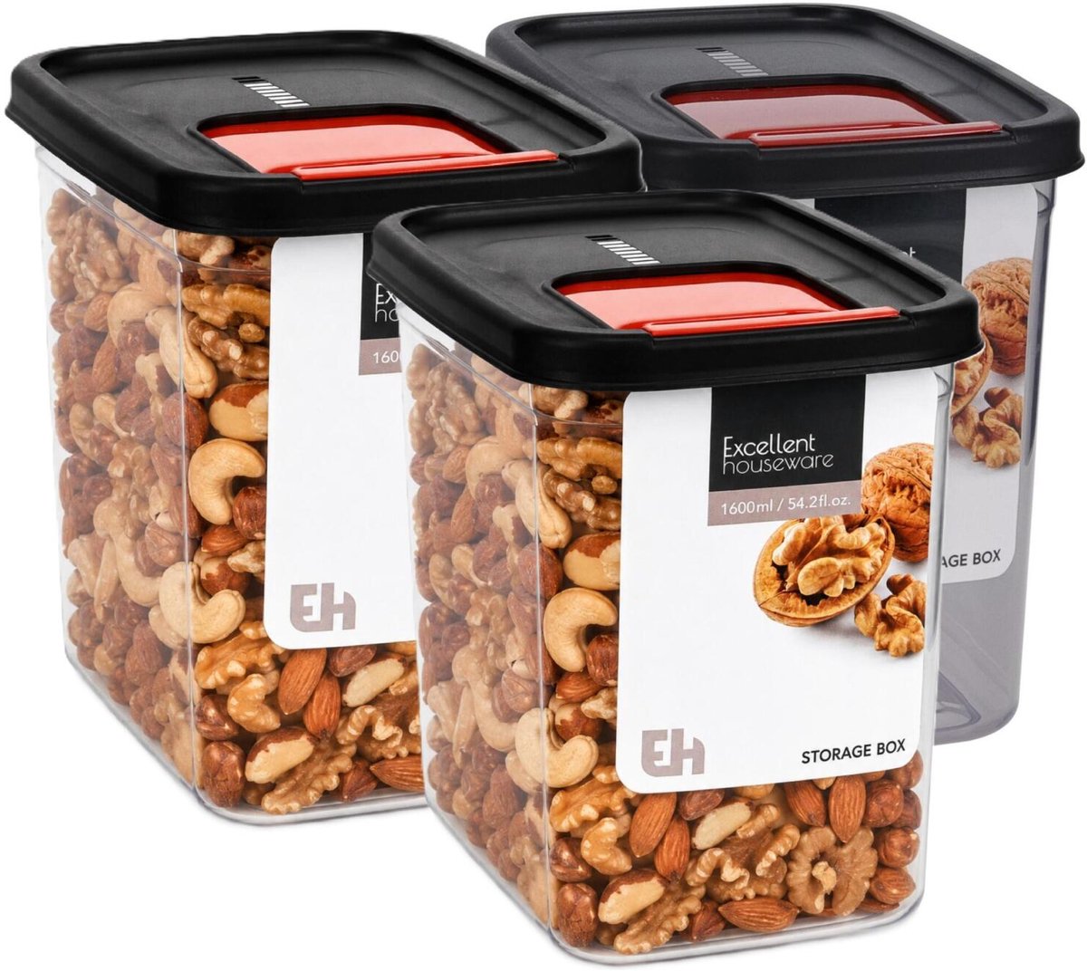 Excellent Houseware Voedselcontainer strooibus - 3x - transparant/zwart - 1600 ml - kunststof - 16 x 11 x 14 cm