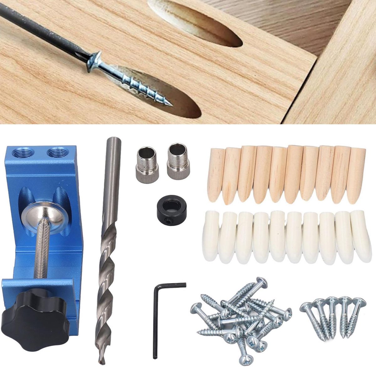 SnelShoppen - 46 Stks Deuvelset Met Schuine Gaten, Houtbewerking Diagonaal Gat Boren Mal, Boor, Houten Deuvelpluggen en 20X Schroeven, Voor Meubelverb