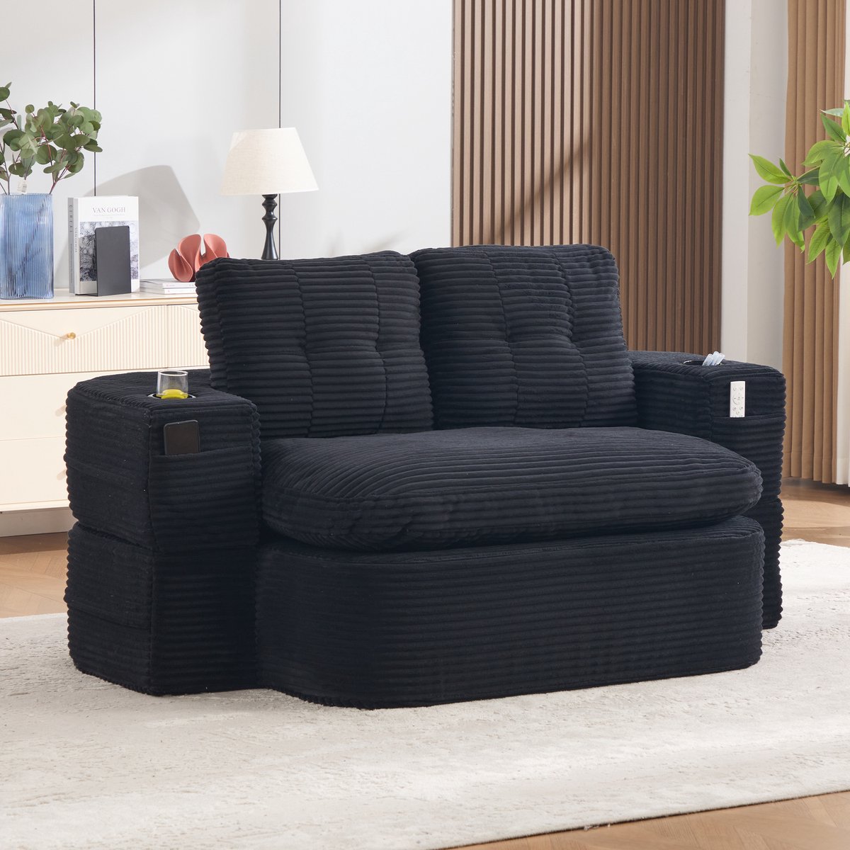 REDOM - Slaapbank - 2-in-1 - Met slaapfunctie - Corduroy - Hoge rugleuning - Extra diepe zitting - 2 zitplaatsen - Zwart - 165 x 97 x 61 cm