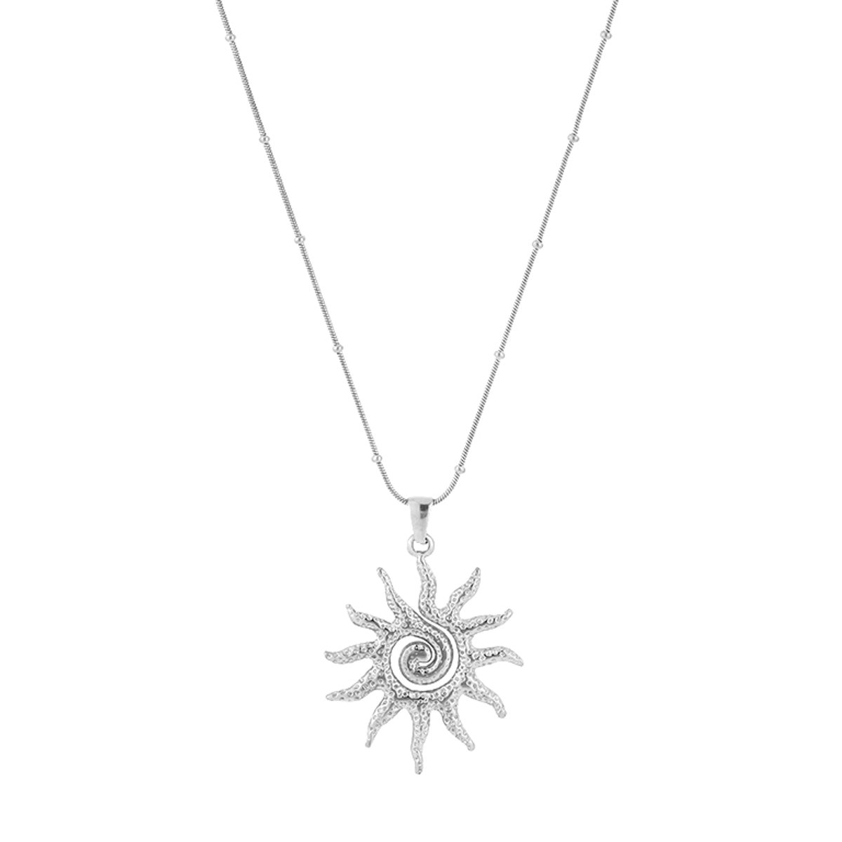 Modieuze Roestvrij Stalen Ketting - Fijne Bolletjesketting met Zomerse Zon Hanger - Stainless Steel Sieraad - Zilver