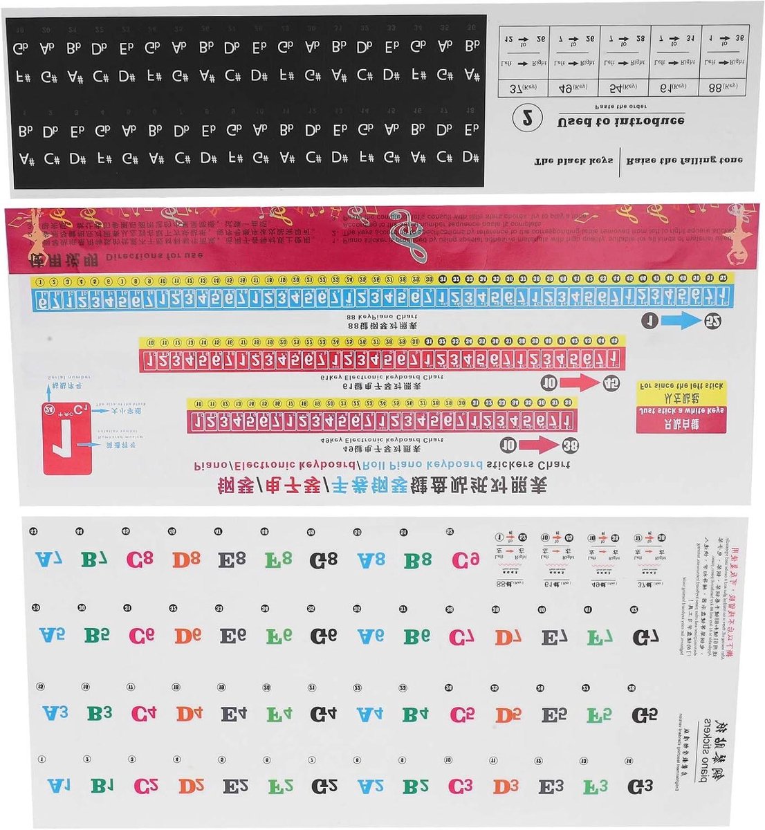 Piano Stickers - Toetsenbord Stickers - Muziek Leren - Kleurrijk en Groot - 88 61 54 Toetsen - Transparant