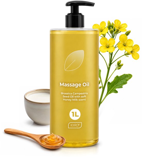 Gele massageolie fles met zwarte pomp, bladlogo en tekst 'Massage Oil'. Naast fles: gele bloemen, kom met melk, houten lepel met honing.