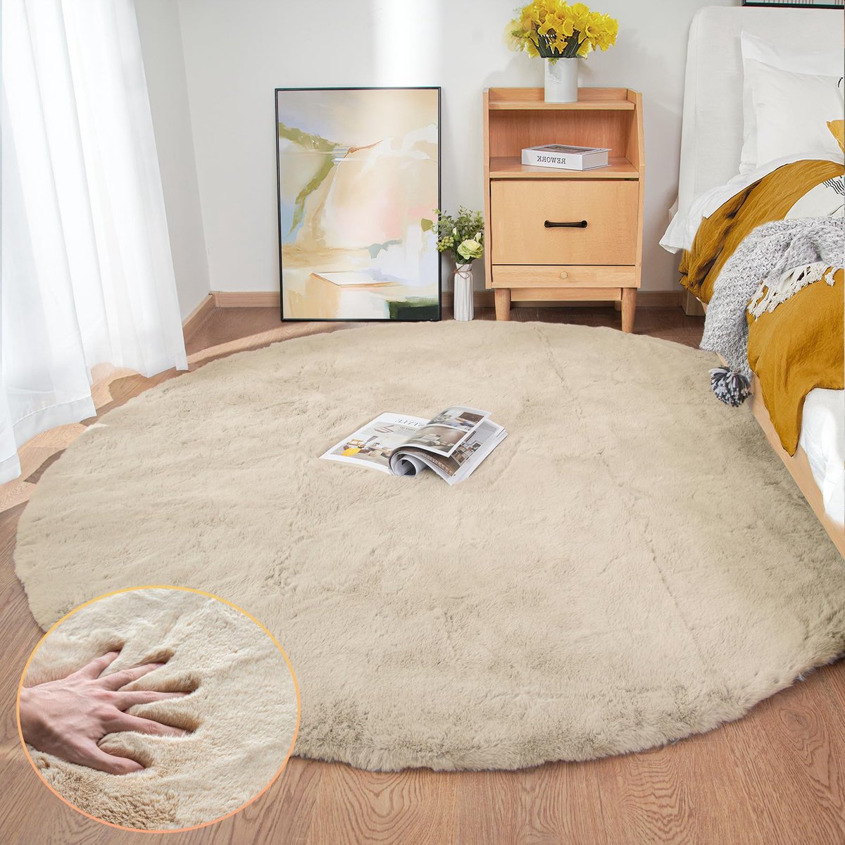 SnelShoppen - Groot Rond Tapijt 240 cm Beige Konijnenbont Vloerkleed Pluizig Zacht voor Woonkamer, Slaapkamer, Kinderen, Feest, Lounge