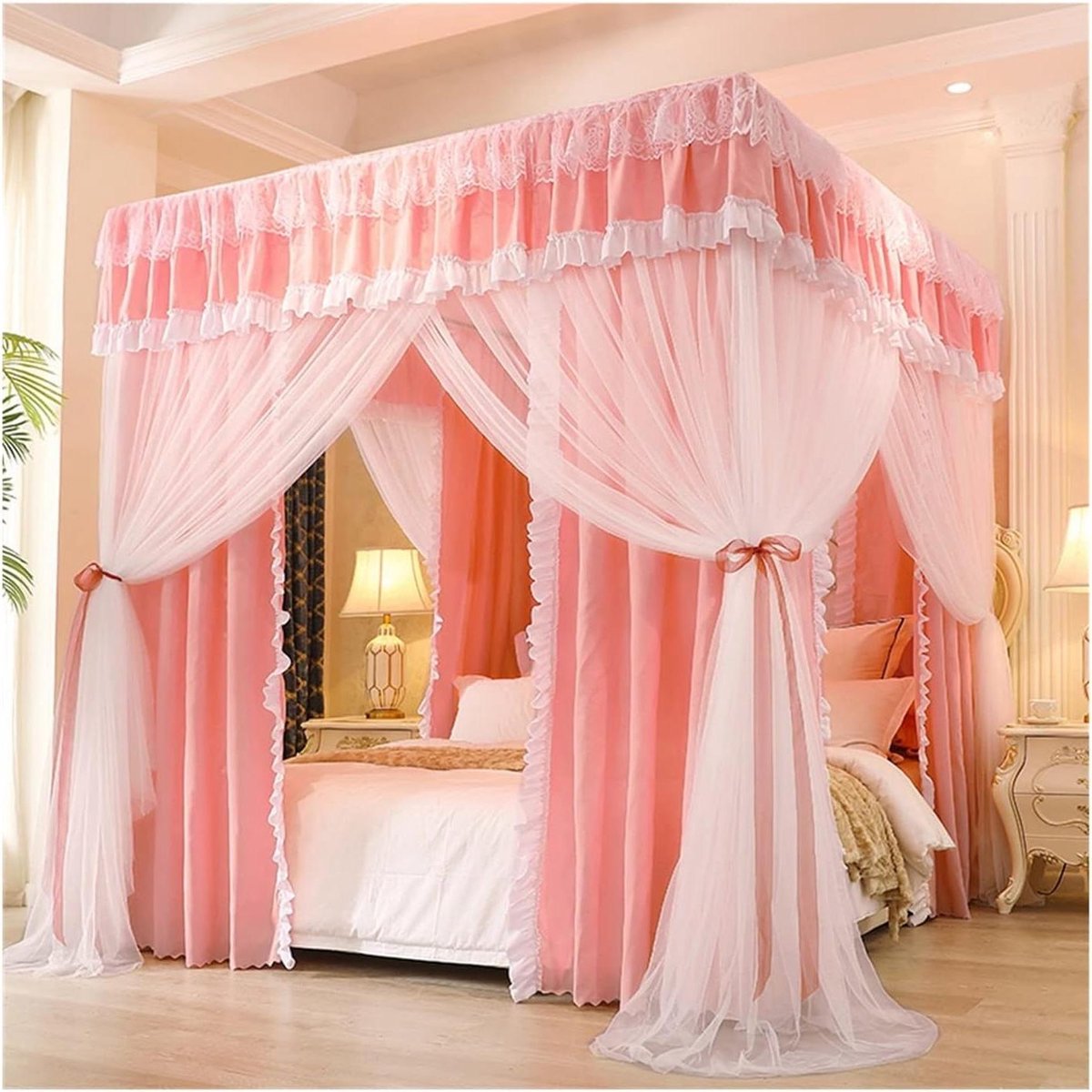 Bedhemel met Klamboe - Hemelbed Klamboe - Slaapkamer Decoratie - Romantisch Kantontwerp - 150x200x200cm - Roze