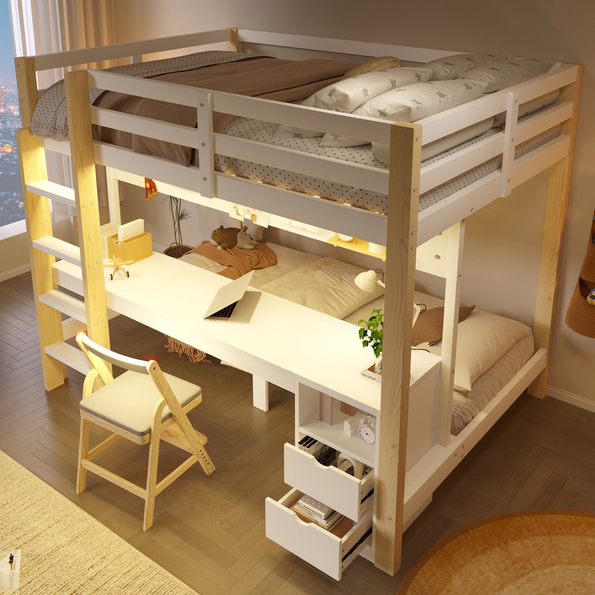 MODFU Hoogslaper - Met Bureau En Lades - Met LED - Hout - Wit En Natuurlijk