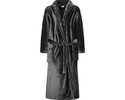 GAUBERT® Unisex Badjas Extra Lang met Sjaalkraag en Ceintuur - Ochtendjas - Superzacht Coral Fleece - Heren Dames - Reli√´f Visgraat Zwart - Maat L/XL - 8212-Black