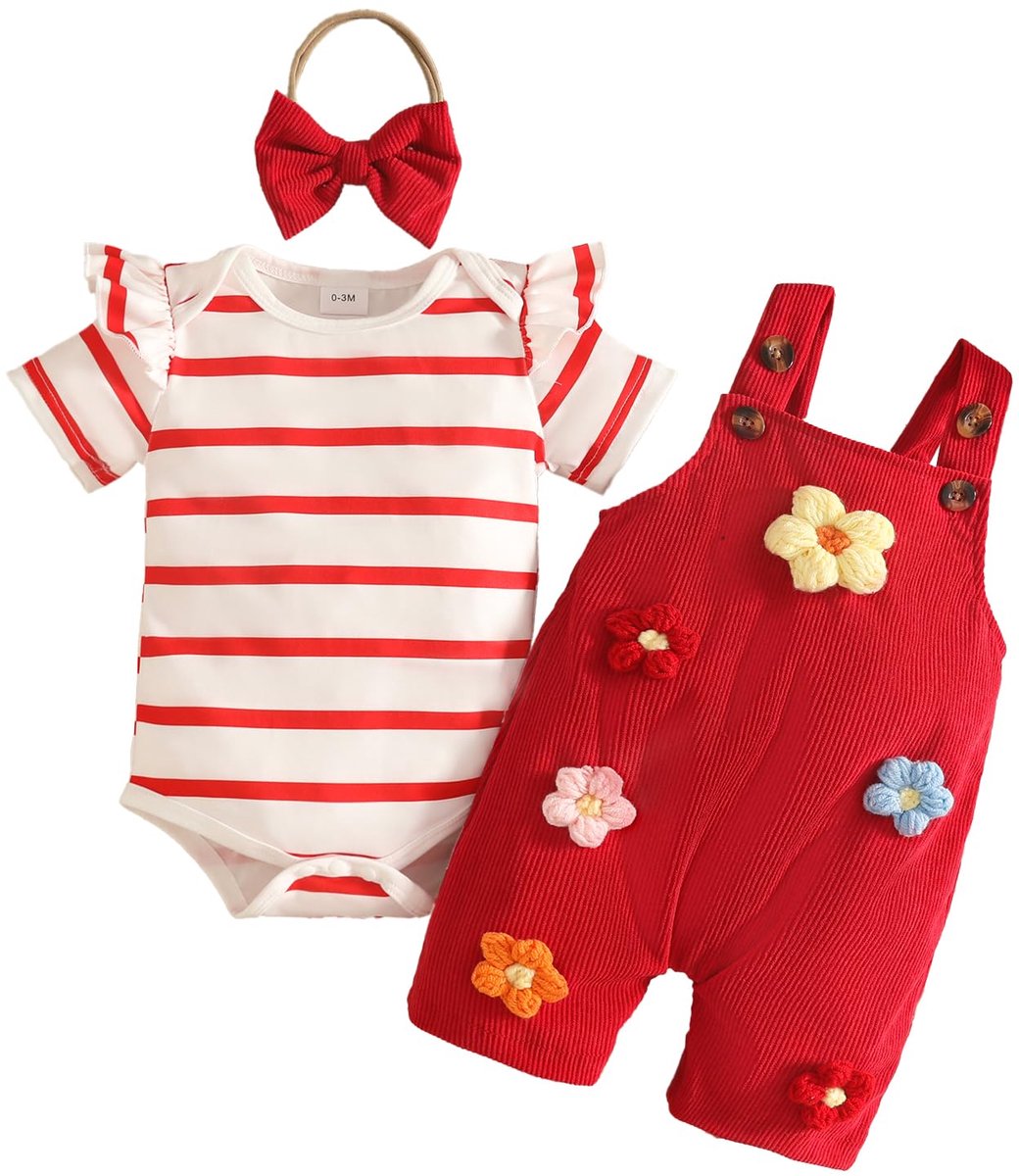 SnelShoppen - Kleding voor kleine meisjes, verstelbare bloemenbovenstuk en overall set met driedimensionale rode bloem, 6-12 maanden, perfect voor fee