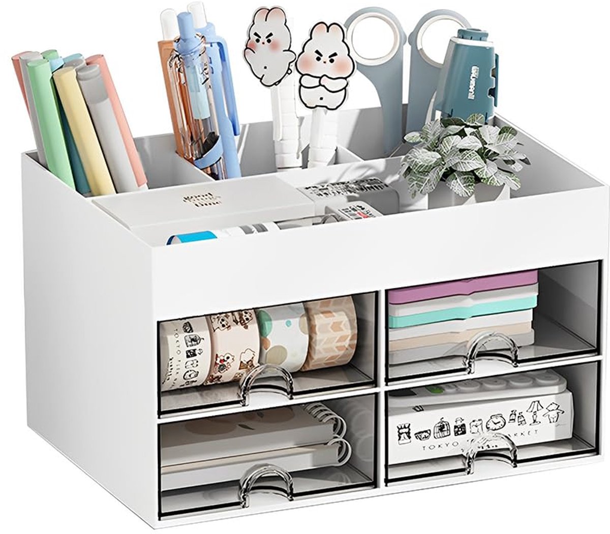 SnelShoppen - Bureau-organizer met 4 laden, multifunctionele opbergdoos voor schrijfwaren, ruimtebesparende en nette bureau-organizer in wit
