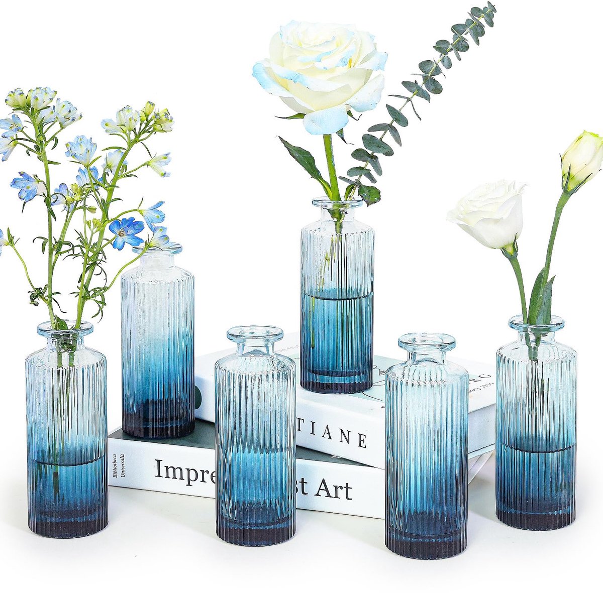 SnelShoppen - 6 stuks glazen vazen voor bloemen, blauwe decoratieve vaas, vintage mini-bloemenvaas, kleine vazenset voor tafeldecoratie, heldere woond
