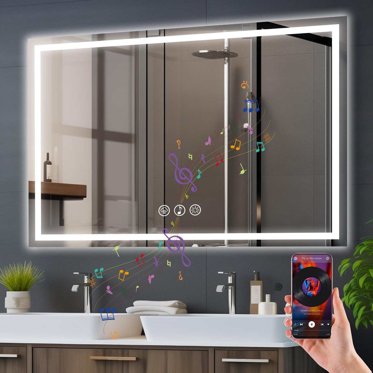 SnelShoppen - Badkamerspiegel 70x100cm met Verlichting en Bluetooth, LED-spiegel met Anticondensfunctie, 3 Kleuren Instelbaar, IP44 Waterdicht, Gehard