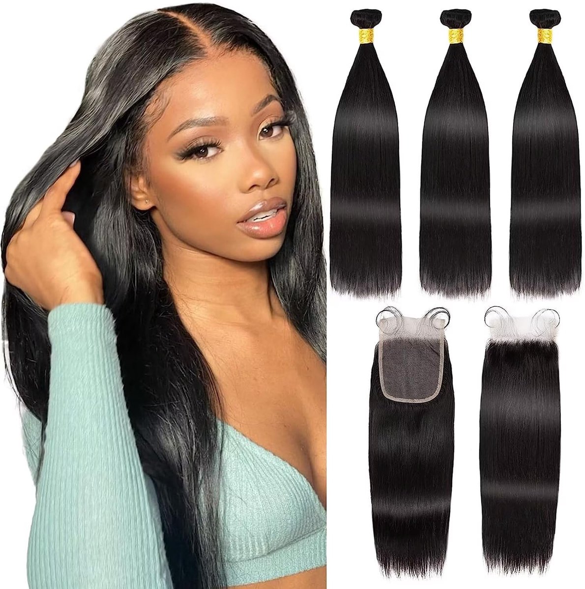 Dailygoods - 100% Onbewerkte Braziliaanse Menselijke Haar Bundels met 4x4 Lace Sluiting - Natuurlijk Zwart