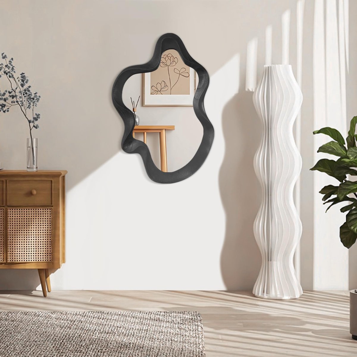 SnelShoppen - Asymmetrische Wandspiegel 55 x 37 cm - Moderne Decoratieve Spiegel met Houten Frame - Unieke Golvende Vorm voor Make-up en Woonkamer