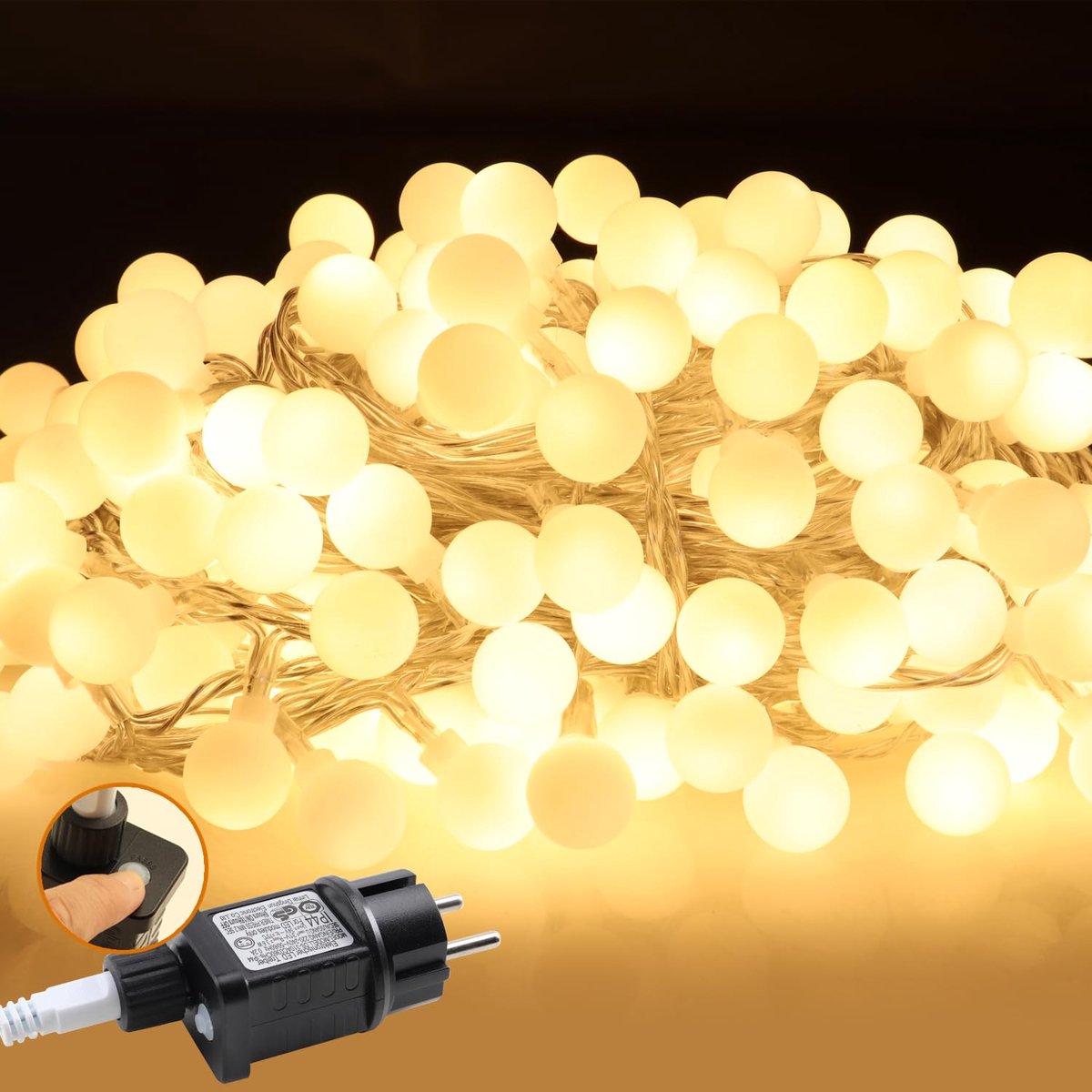 SnelShoppen - DA LIGHT Lichtsnoer met Bolletjes, Warmwit, 12m, 120 LED's, 8 Modi, Timer, IP44, Voor Binnen en Buiten, Perfect voor Kerstmis, Bruiloft,
