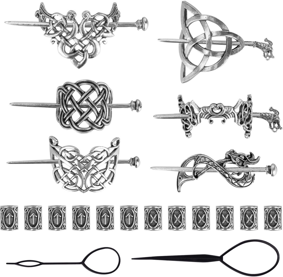 Dailygoods - 6 Stuks Viking Keltische Haarspelden - Retro Zilveren Haaraccessoires met 12 Haarkralen