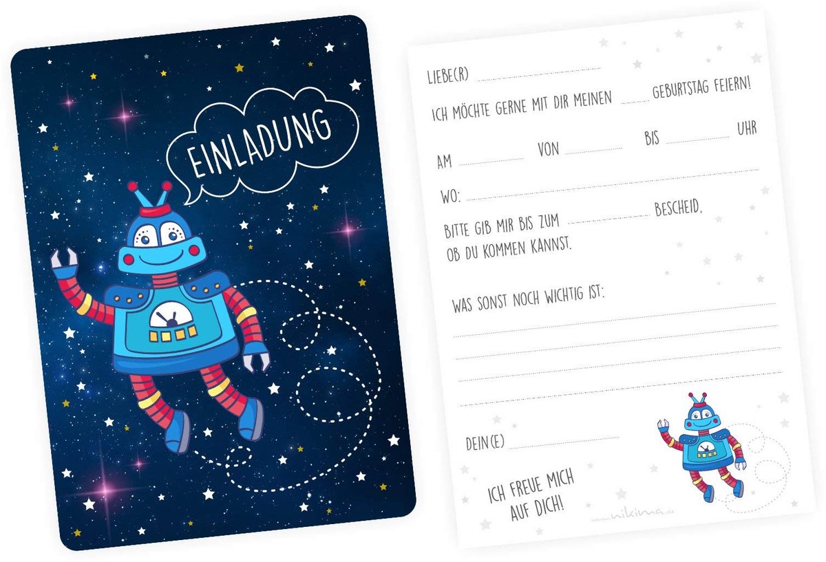 Dailygoods - 5 Uitnodigingskaarten Robot met Zilverlak incl. Enveloppen