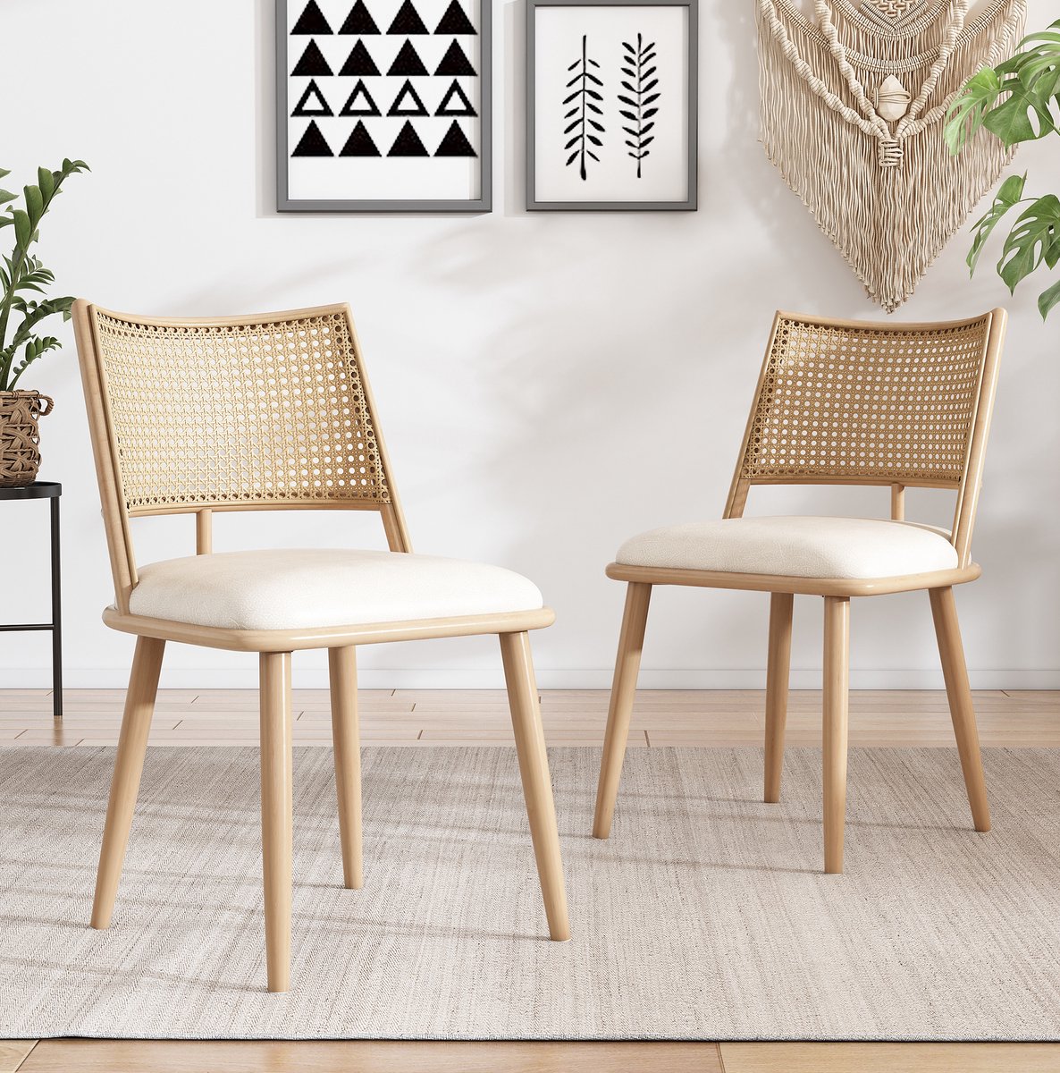COVREO Eetkamerstoel set van 2 – PU-zitting, Rattan rugleuning, beige