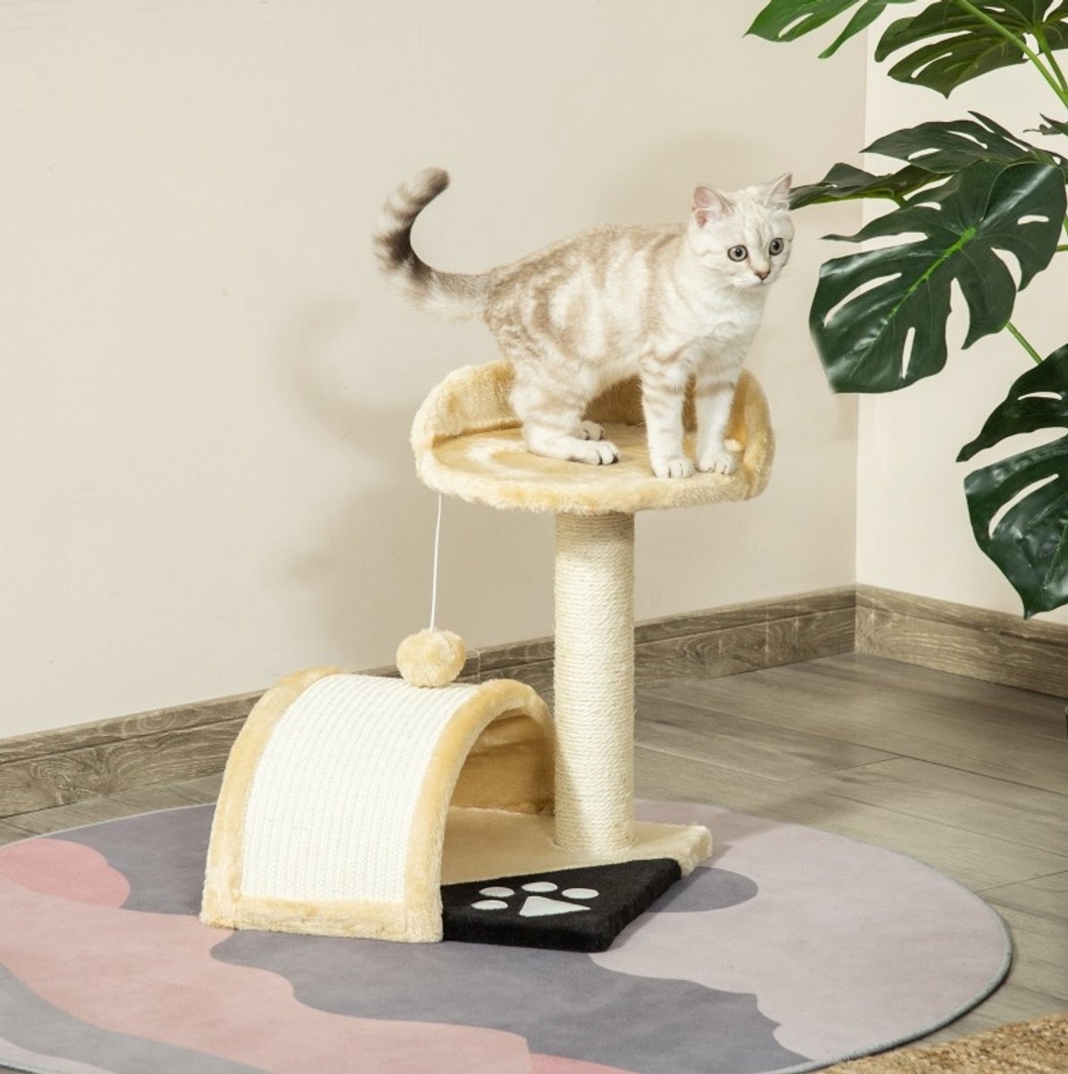 MIVRAY Krabpaal Met Speelballetjes - Compact 35,5 x 37 x 46 cm - Polyester En Sisal - Beige - Kattenboom Met Huisje En Ligplateau