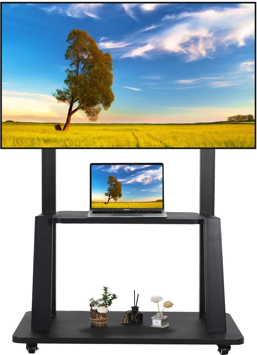 SnelShoppen - Mobiele TV-standaard Rollende TV-kar voor 32-75 Inch - Hoogte Verstelbare Zwarte Vloerstandaard met Wielen voor Platte/Gebogen LED/LCD/O
