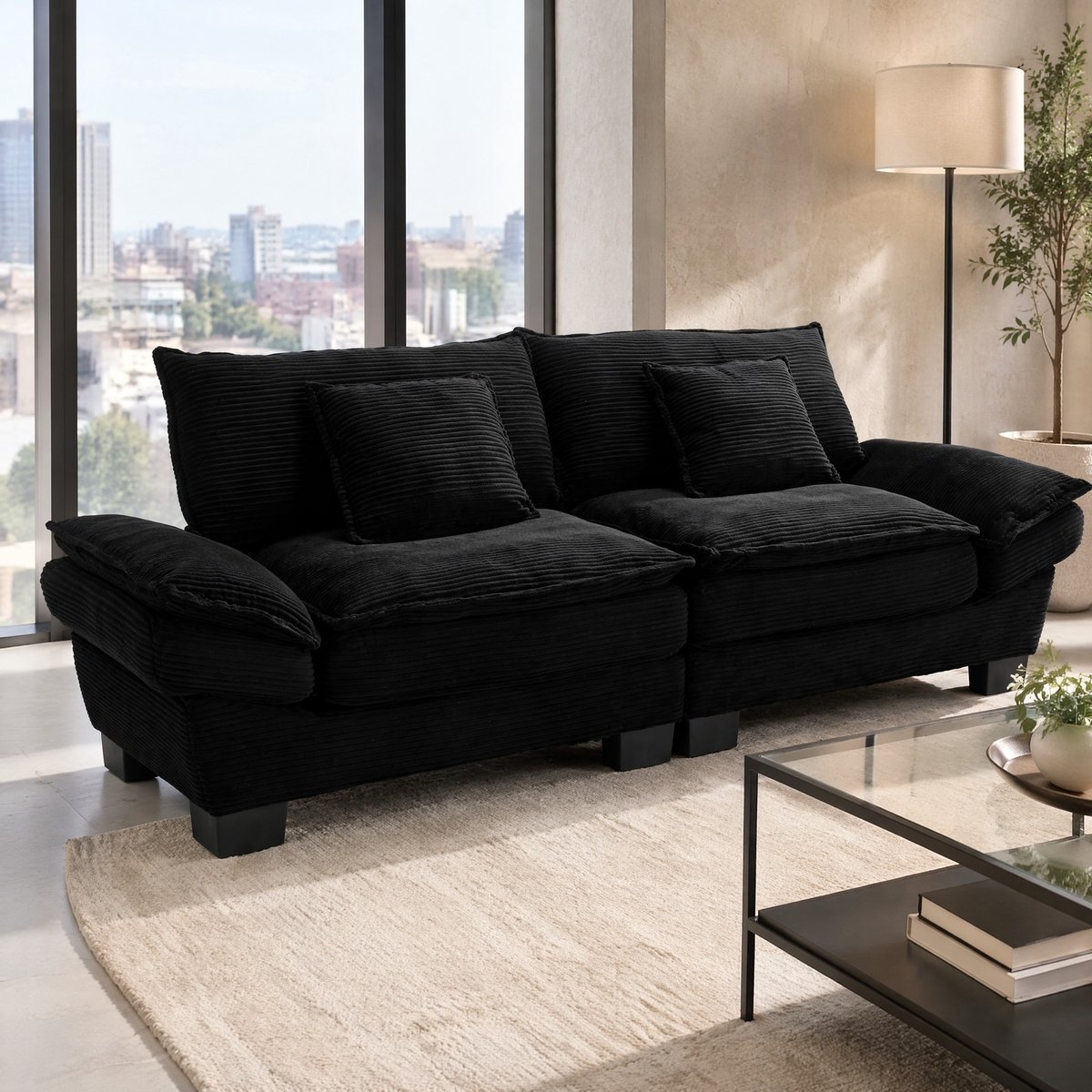 COVREO 2-zits bank 224x81x81 cm - zwart velvet, diepe zitting, met armleuningen