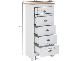 dressoir met 5 lades 53x114x39 cm ladekast wit / eiken modern | Design dressoir hoog smal | Commode woonkamer