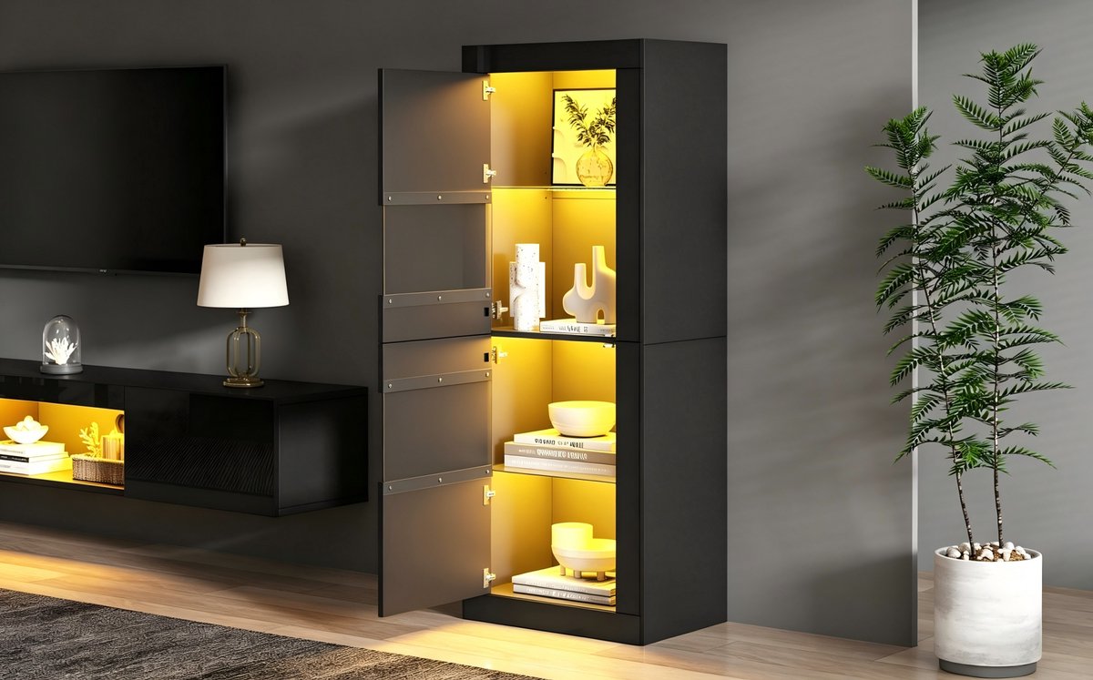 STILVORA Vitrinekast Met LED Verlichting En Verstelbare Glazen Plank Voor Woonkamer En Eetkamer Van Spaanplaat Acryl En Gehard Glas Zwart 61x42x162 Cm