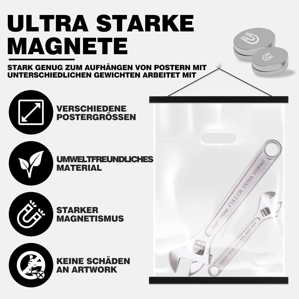 SnelShoppen - Set van 4 zwarte posterlijsten 61 cm - Magnetische houten posterhangers voor posters en kunst - Ideaal voor woonkamer, slaapkamer en kan