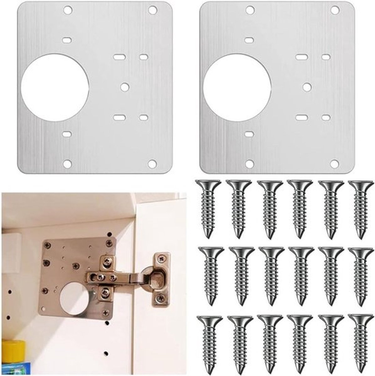 Roestvrijstalen reparatieplaat voor kabinetsscharnier - 2 stuks - met schroeven - voor keuken, kast, meubels