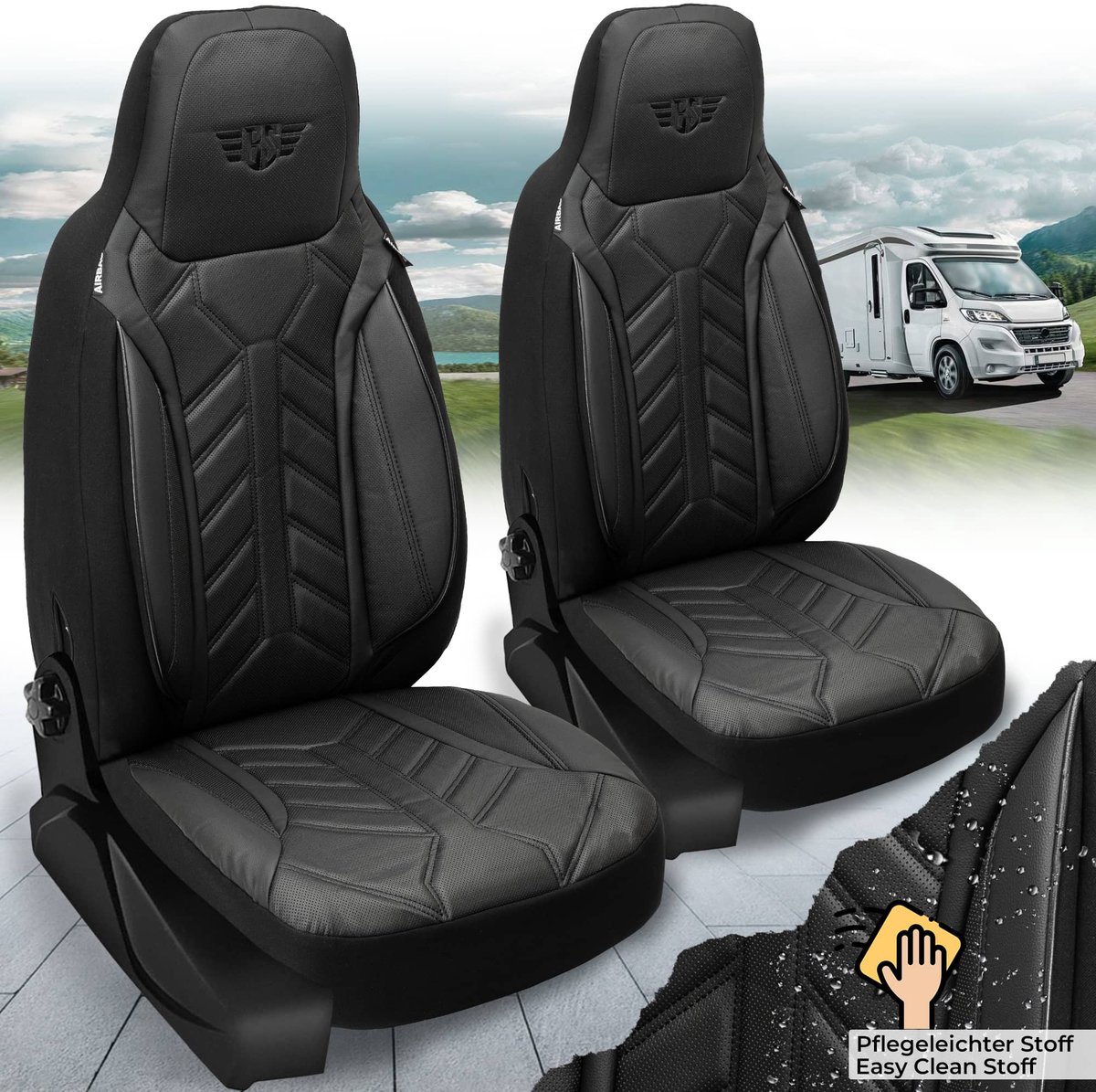 Premium Camper stoelhoezen voor Rapido Serie 6F DPL504 in Zwart (2 losse stoelen)