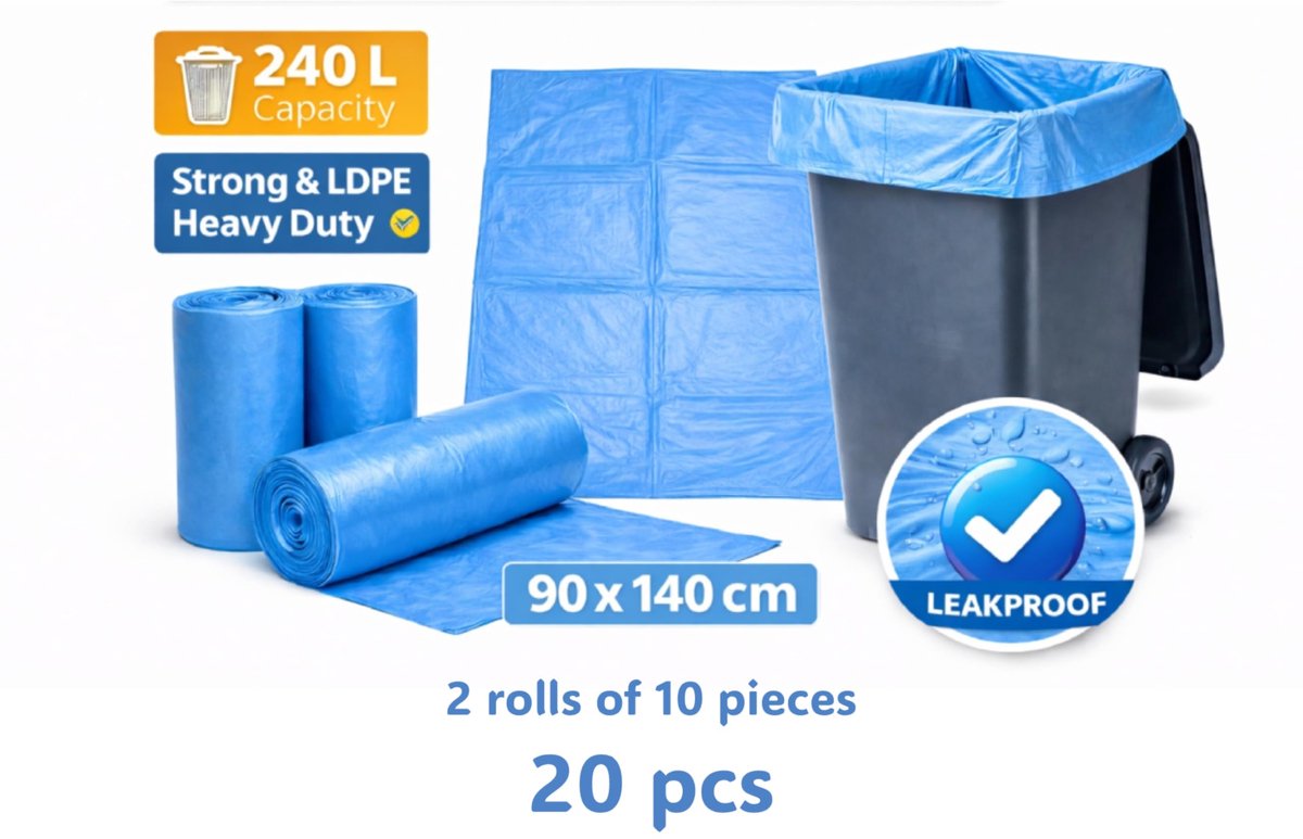 SnelShoppen - 240 Liter Vuilniszakken - 20 Stuks Blauwe Vuilniszakken 90 x 140 cm - Sterke Afvalzakken voor Tuin, Keuken en Feestdagen