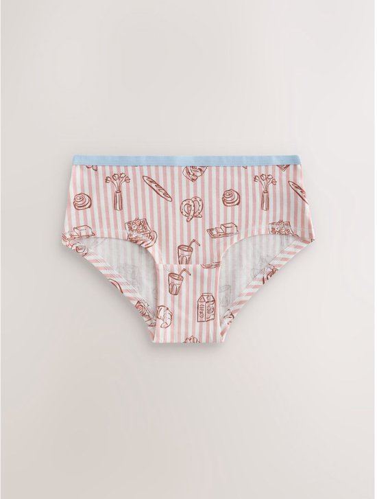 Roze hipster met verticale witte strepen en een all-over print van bruine tekeningen van croissants, broodjes, drankjes en gebak. Lichtblauwe rand.