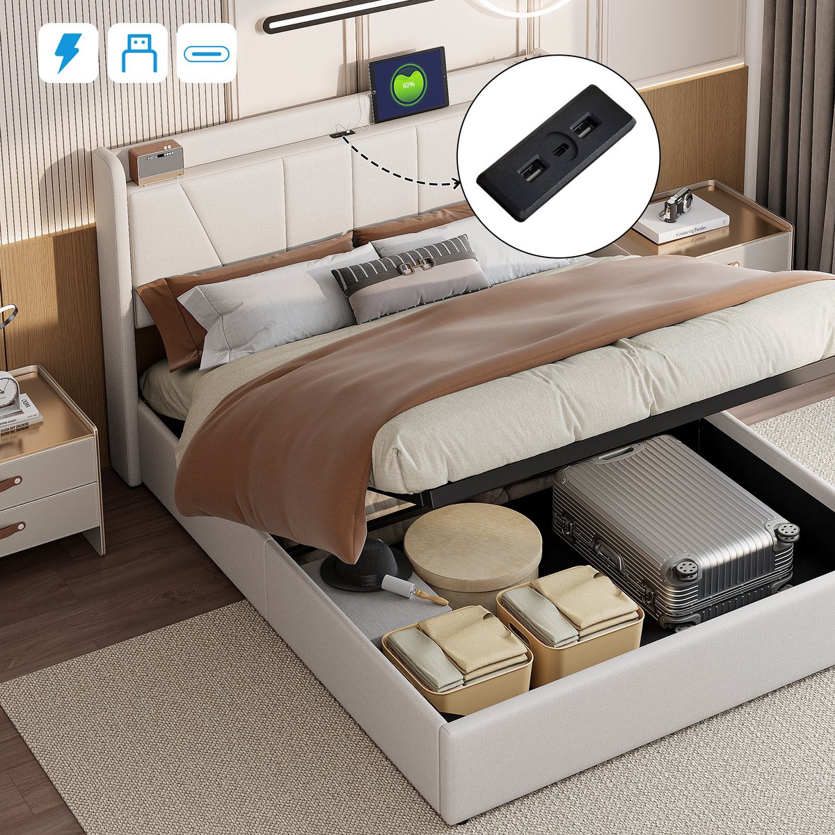 Tweepersoonsbed 160x200 cm, volwassen bed met lattenbodem en modern bedframe, gestoffeerd opbergbed van linnen voor slaapkamer, beige, zonder matras