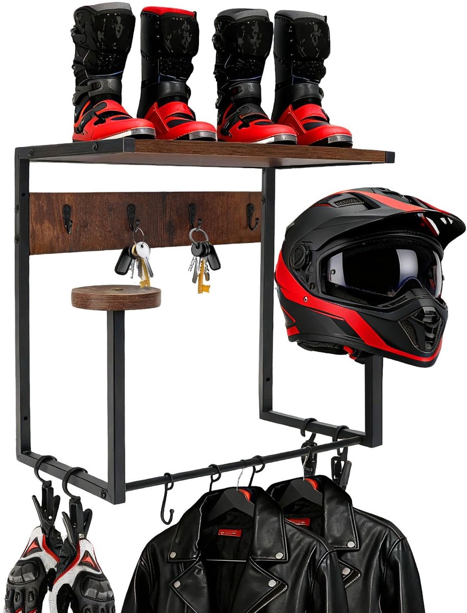 Dailygoods- Motorhelmhouder Wandmontage - Helm Standaard - Rustieke Opbergruimte - Handschoenen/Sleutels - Schap voor Jas - Duurzaam Hout - Helmstandaard