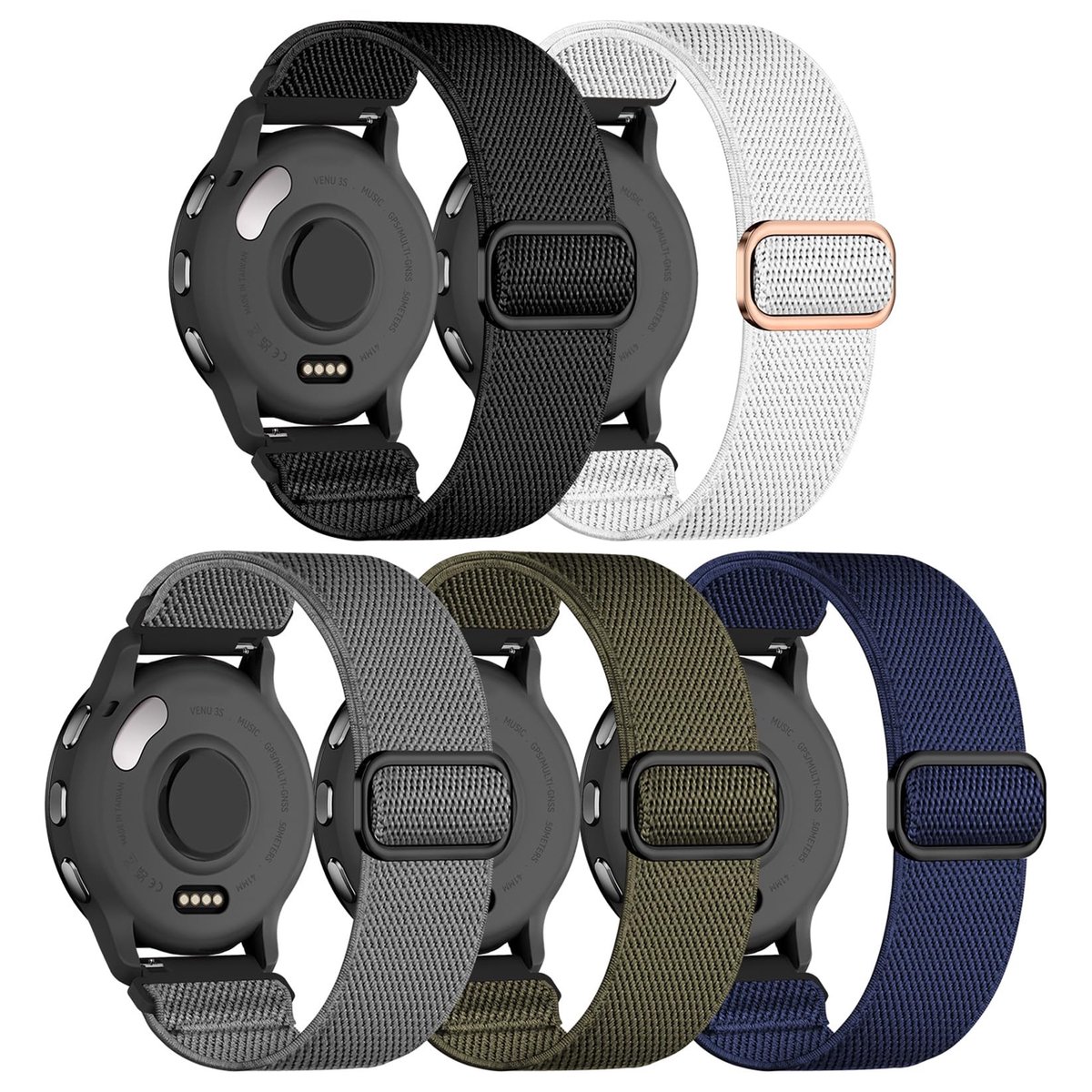 Dailygoods- Armbanden 5 Stuks - Compatibel met Garmin Venu 3S/Venu 2S/Vivoactive 4S - 18 mm Elastisch Nylon - Voor Dames/Heren - Geschikt voor Forerunner 255S/265S - Horlogeband