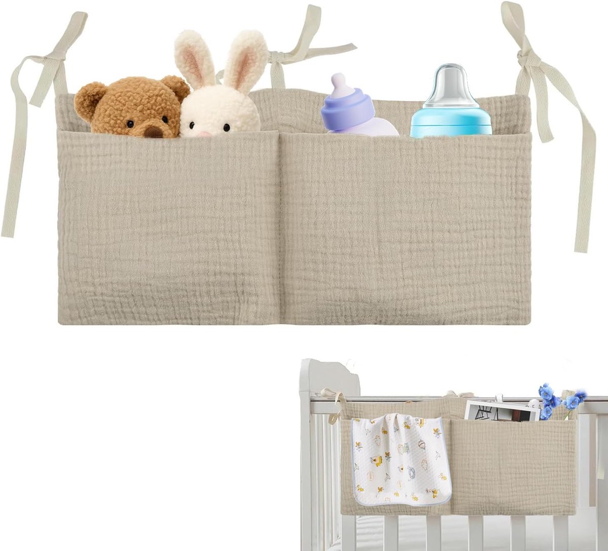 Set van 2 stuks muisdoek bedhangopbergtas voor babybed 39×20 cm met twee grote opbergvakken en vastbindlinten, hangopbergzak voor luiers, babyflesjes en kinderbenodigdheden, praktische commode en wieg opbergaccessoire voor de babykamer