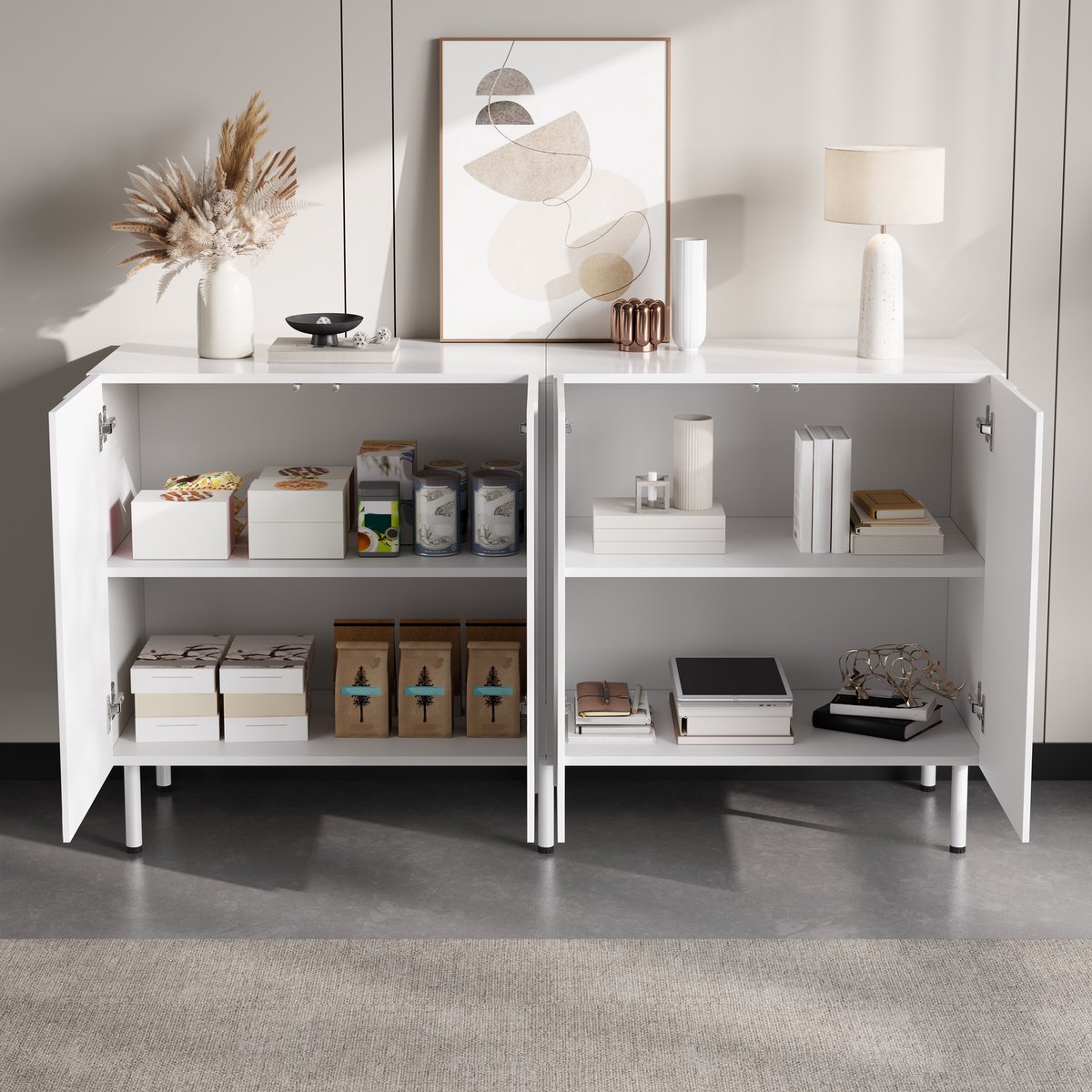 Moderne dressoir - 3D-golfdeuren - handloze ontwerp - voor opberg in woonkamer en hal - metalen poten - wit