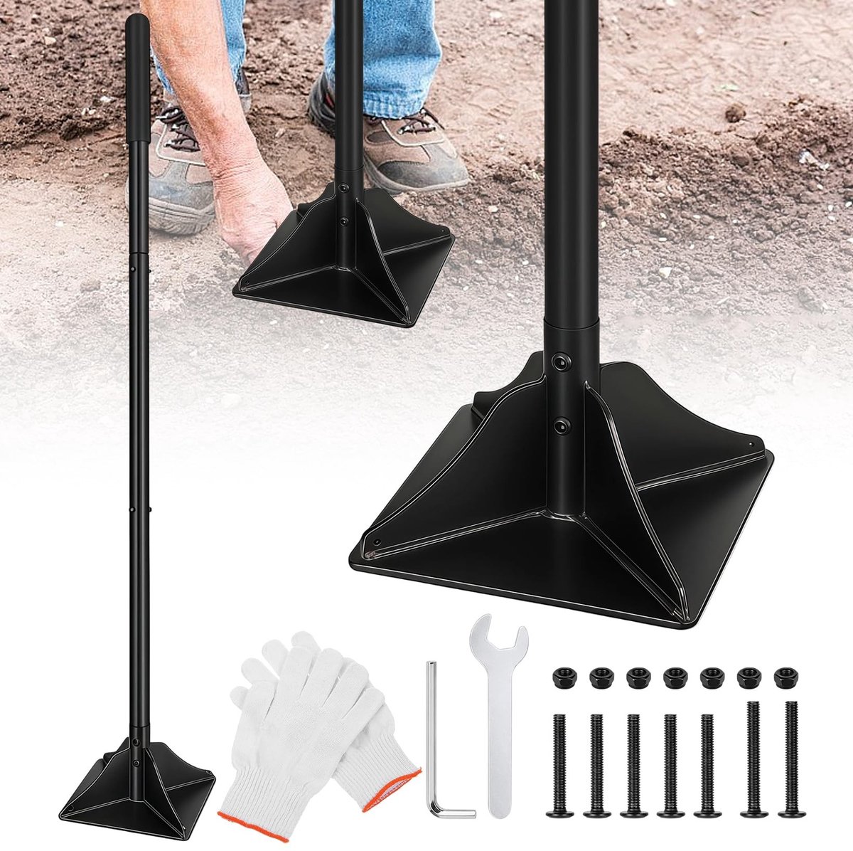 Dailygoods- Handstamper Zware Bodemcompressor - 120 cm Handgreep - 20 x 20 cm Bodemplaat - Rubberen Handgreep - Stalen Stamper - Voor Bodem, Grind en Zand - Bodemverdichter