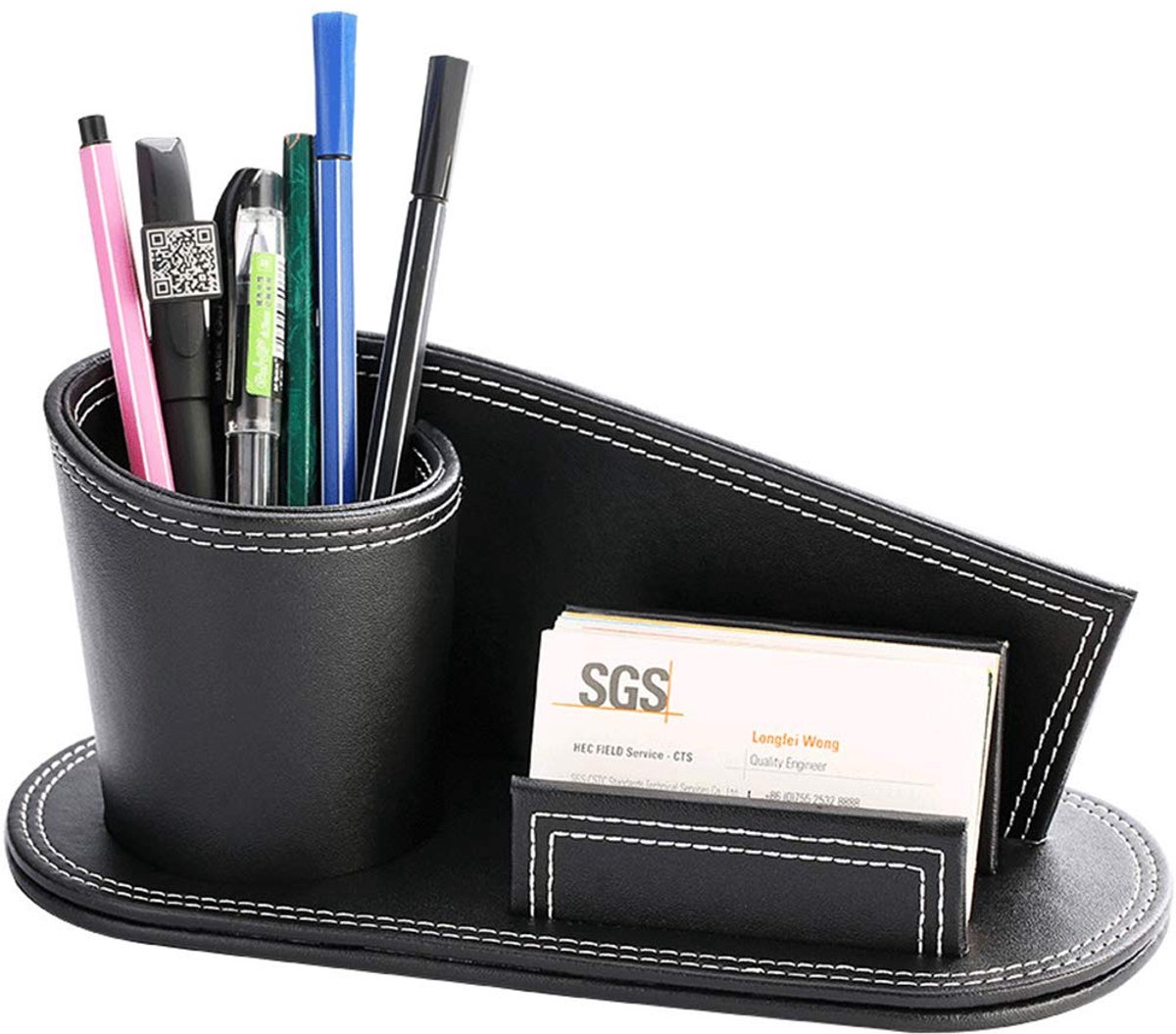 Luxe PU Leren Pennenhouder - Bureau Organizer met Visitekaart Houder - Stijlvolle Desktop Accessoire met Afmeting 25 x 11 x 11 cm voor Kantoor, Studie en Thuis - Zwart