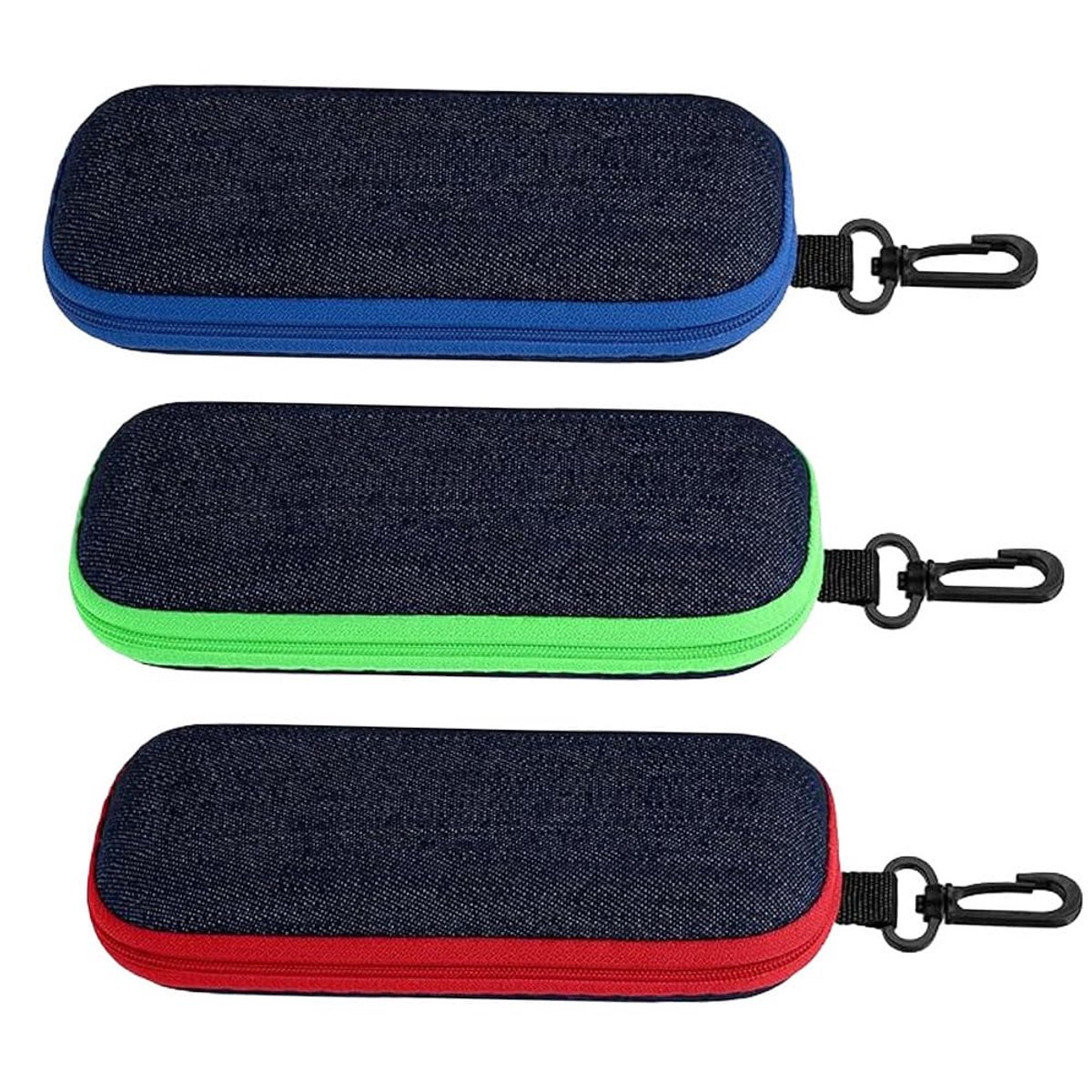 Dailygoods - Draagbare Hardcase Brillenkoker - Set van 3 met Ritssluiting en Karabijnhaak