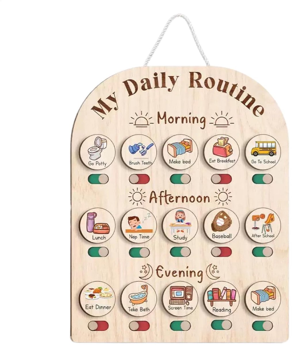 Dailygoods- Routinechart Houten Dagplanbord - Visueel Schema - Ochtend/Bedtijd Planner - Herbruikbaar Leermiddel - Educatief Cadeau - 14.02x11.81x1.5 Inch - Dagplanning