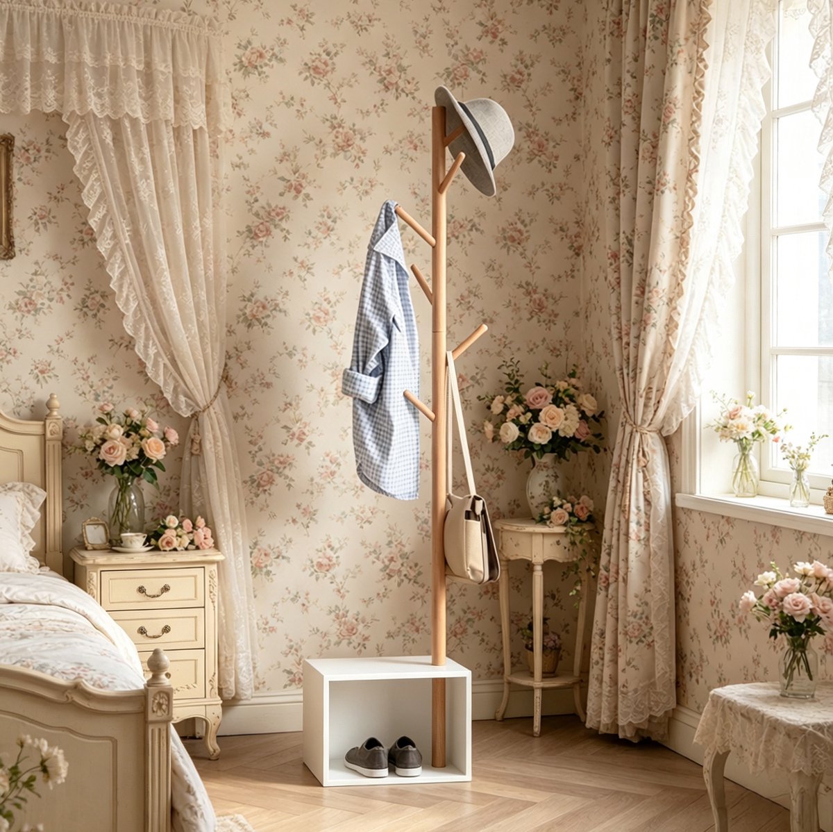 REDOM - Kledingrek - 2-in-1 opbergfunctie - 6 haken en rechthoekig opbergvak - Moderne stijl - Hal of slaapkamer - MDF en bamboe - Wit en bamboe - 40 x 30 x 180 cm
