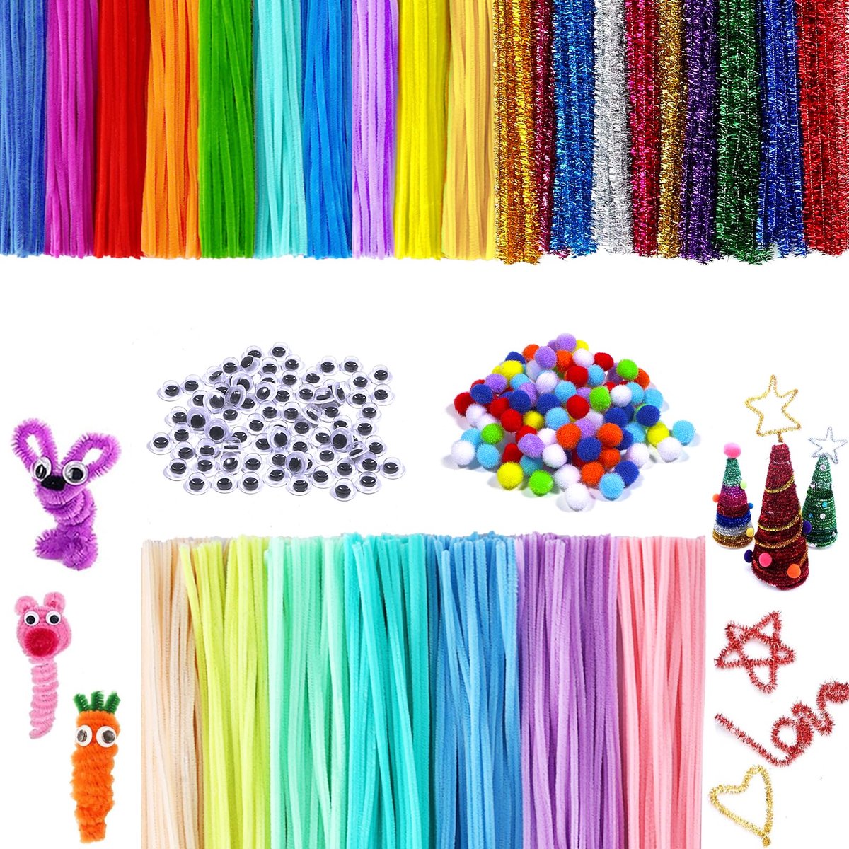 Dailygoods - 500 Stuks Pijpenreinigers voor Creativiteit - 27 Kleuren en Zelfklevende Wiggly Ogen