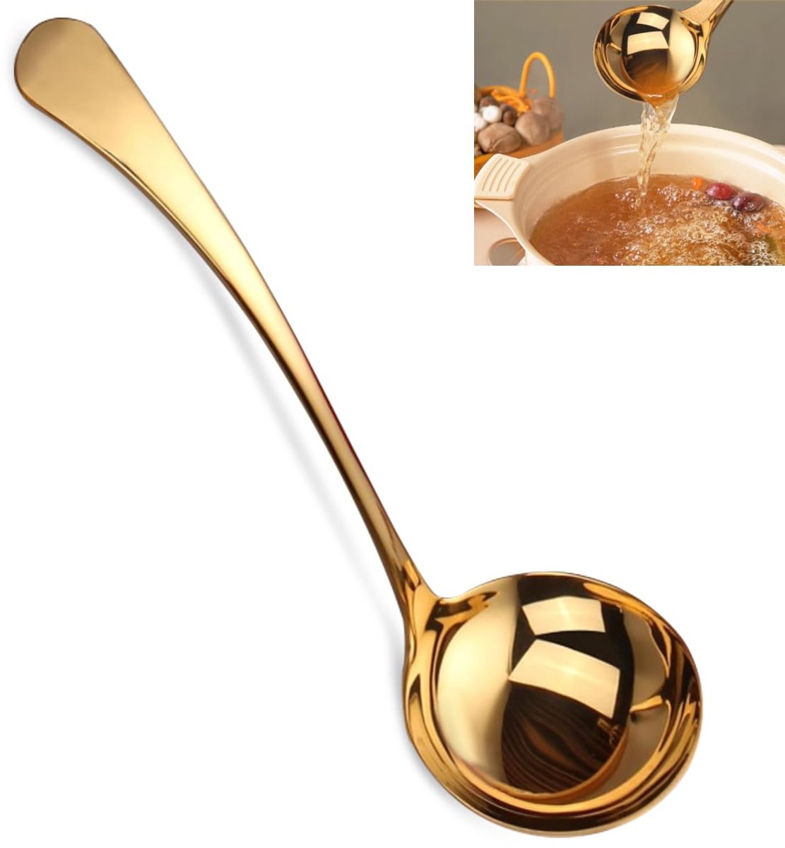 Dailygoods - Roestvrijstalen Soeplepel met Goudkleurig Handvat - 20 cm