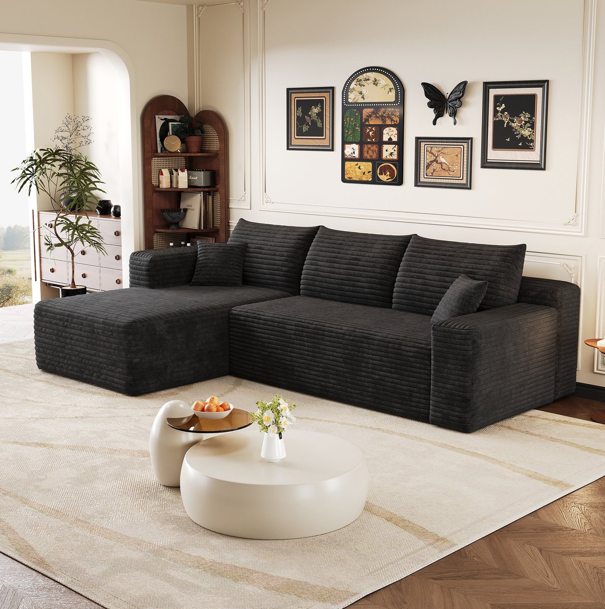 STILVORA Hoekbank 241 Cm - Zonder Montage Met Omkeerbare Chaise Longue - Voor Woonkamer En Slaapkamer - Ribfluweel - Zwart